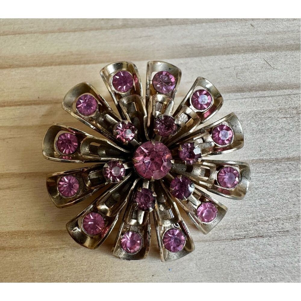 Vintage Pink Rhinestone Starburst Brooch Gold Tone Mid-Century